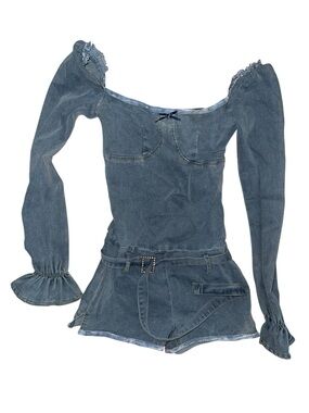 New pink (dolls kill brand) denim long sleeve romper with rhinestone belt large